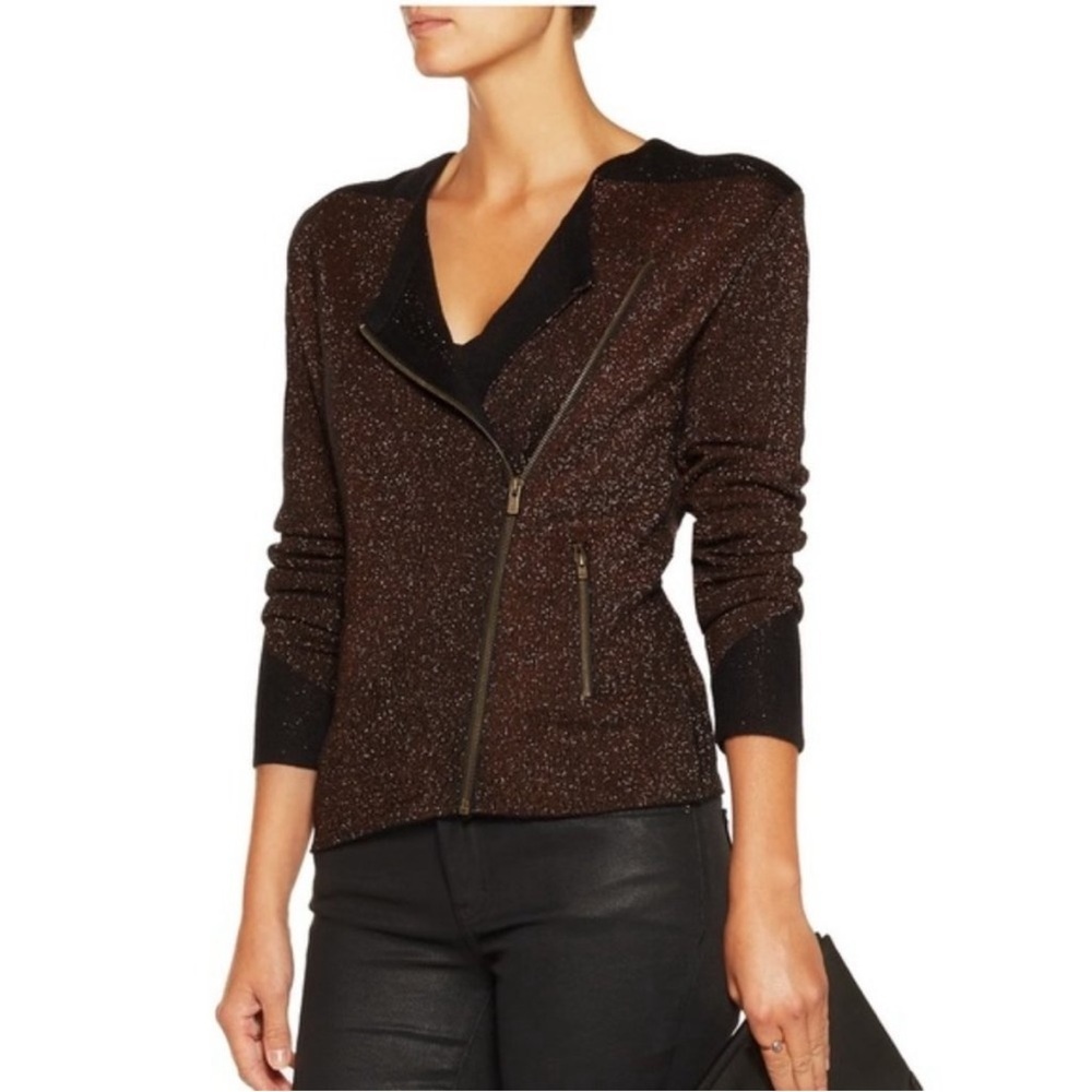 MAJE Katimini Sparkly Metallic Bronze & Black Accent Knit Jacket Sz 2 Medium